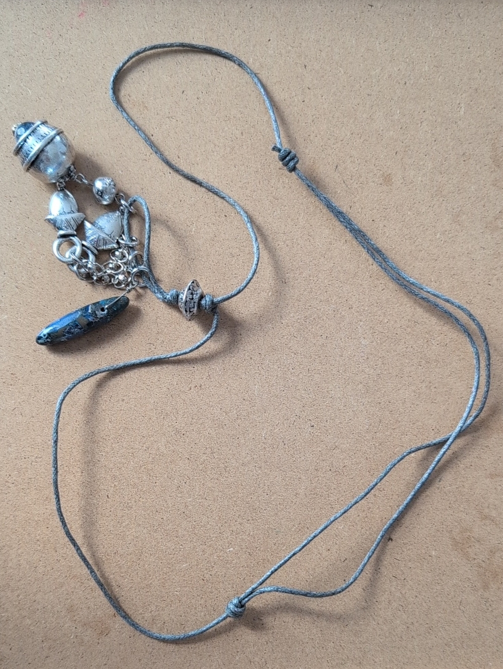 Silver-Tone Boho Pendant Necklace with Charms - Gray